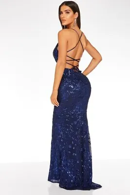 Quiz Size 10 Navy Blue Sequin Maxi Long Evening Party Prom Ball Gown Dress • £44.99