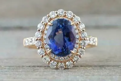 $147.50 • Buy 14K Yellow Gold Over 2.80 Ct Oval Cut Simulated Blue Sapphire Diamond Halo Ring