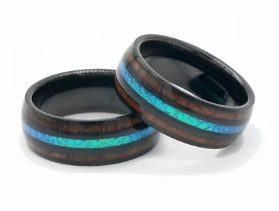 8mm Men's Black Tungsten Hawaiian Koa Wood Opal Wedding Band Ring Comfort Fit • $24.99