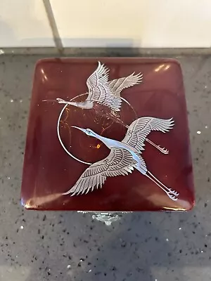 Lacquer Trinket Jewelry Box Mirror Mother Of Pearl Inlay Cranes Turtle 4&1/4” • $15