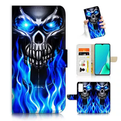 $13.99 • Buy ( For Oppo A57 / A57S ) Wallet Flip Case Cover AJ24486 Blue Flame Skull