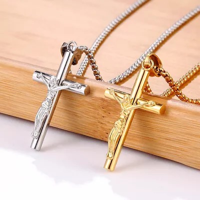 Crucifix Cross Necklace For Men Women Stainless Steel Lords Prayer Pendant Chain • $7.99