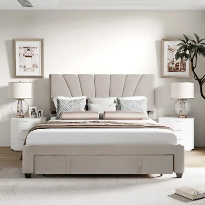 $284.99 • Buy Queen Size Velvet Upholstered Platform Bed With Storage Drawer Pine Bed Frame