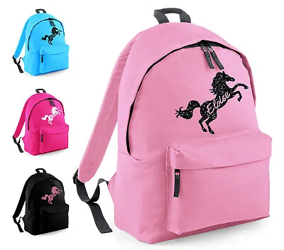 Girls Personalised Horse Glitter Backpack School Rucksack Childrens Riding Bag • £9.45