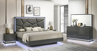 NEW Modern Italian LED 4PC Gloss Gray Queen King Contemporary Bed Set B/D/M/N • $2199.99