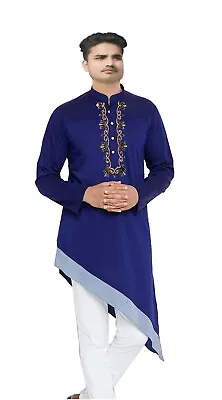 Indian Men's Embroidered Shirt Casual Tunic Blue Color  Wedding Wear Nice Kurta • $17.19