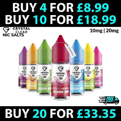 Crystal Clear Bar Vape Juice Nic Salt 10ml E Liquid 50VG/50PG Flavours 10mg 20mg • £2.49