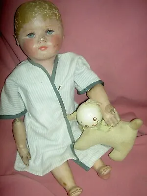 Originally Stamped: Martha Chase Oil Painted Cloth 20  Toddler Doll & Dog Rattle • $595