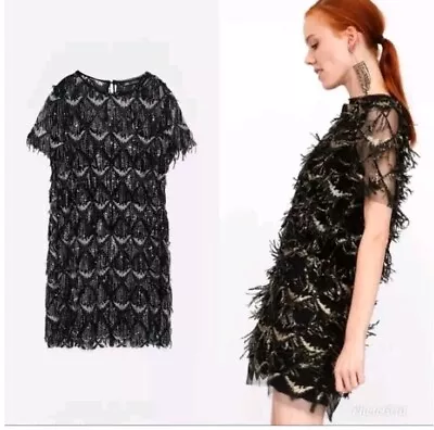 New ZARA Dress Sequins Fringe Mesh Lined Black-Silver M • $49