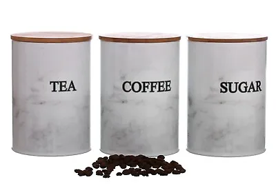 Marble Effect Glossy Metal Tea Coffee Sugar Storage Jars Set Of 3 Canisters • £13.95