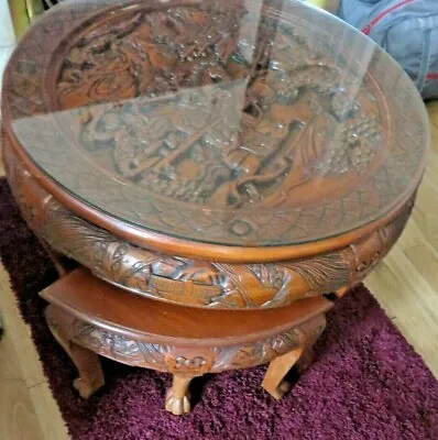 £250 • Buy VINTAGE CIRCULAR HAND CARVED CHINESE COFFEE TABLE Has 2 Stools & Glass Top 30  D