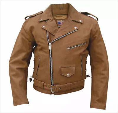 Mens Brown Buffalo Hide Leather Motorcycle Jacket Side Laces • $211.50