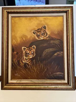 VTG Rex Signed Original Oil Painting Framed 2 Cubs Tiger Stretched Canvas 28x31 • $138