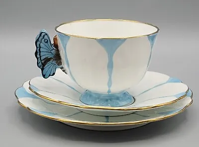 RARE ART DECO AYNSLEY BLUE BUTTERFLY HANDLE TEA  CUP & SAUCER AF Trio 1930's B • £500