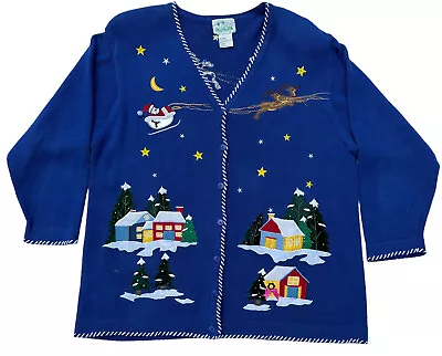 Quaker Factory Blue Christmas Night Santa Reindeer Houses Sweater Vintage 2X  • $79.97