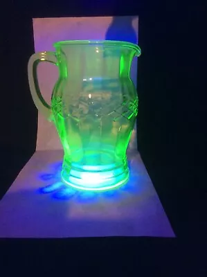 Vintage Anchor Hocking Uranium Glass Pitcher Glowing Vaseline 8” Diamond Band  • $65