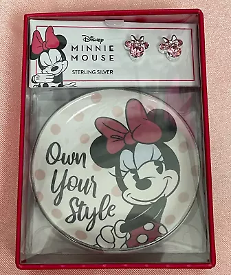 Disney Kids Sterling Silver Pink Crystal Minnie Mouse Stud Earrings & Mini Dish • $75.04