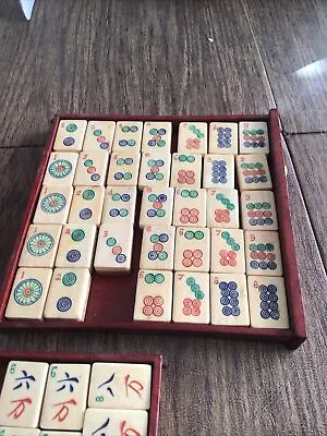 ATQ MAH JONGG SET BONE BAMBOO RARE HAND Carved Mahjong THICK TILES Wood Case • $250