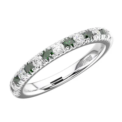 1.00 Ct Pave Set Round Diamond & Emerald Half Eternity Ring 9K White Gold • £435.76