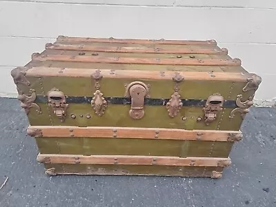 Vintage WOOD STEAMER TRUNK W Tray Chest Coffee Table Storage Box Antique Decor • $50