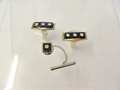 £32.99 • Buy Vintage Stratton Cufflinks & Tie Pin With A Diamante Style & Black Design Front