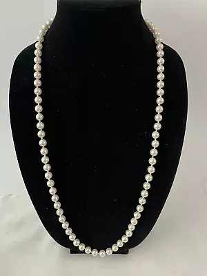 Vintage Knotted Faux Pearl Necklace Single Strand Fish Hook Clasp 30” • $20