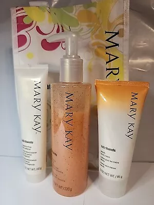 MARY KAY Peach Satin Hands 3 Pc Set FULL SIZE Scrub Softener & Cream NEW W/ BAG • $25