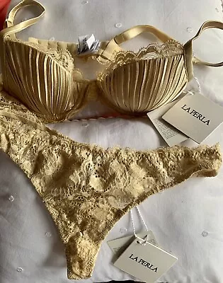 LA Perla Bra Set 34A With Matching Thong UK 10. Gold. Lace • £125