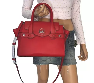 Michael Kors Carmen Medium Red Silver Saffiano Leather Satchel Handbag Purse Bag • $89