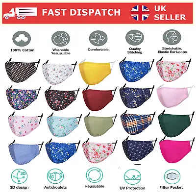 £3.69 • Buy 100% Cotton Reusable Face Mask With PM2.5 Filter Pocket Breathable & Washable UK