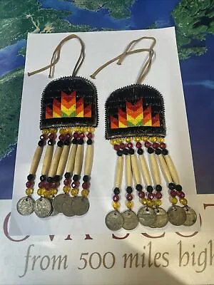 Vintage Native American Medallions Tie-on Beaded Leather Coin Multi Color Cool! • $75