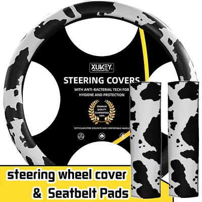 15'' Cow Print Leather Steering Wheel Cover W/ Seat Belt Cover Car Accessories ~ • $15.98