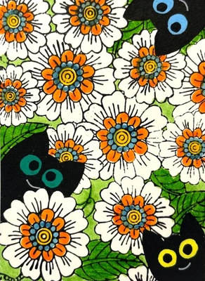 $5.99 • Buy ACEO Original Acrylic Art Black Kitty Cats Kittens & White Flowers By Saulite