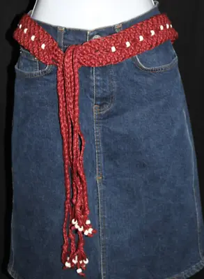 VTG 70s Boho Hippie Festival Maroon Beaded Macrame Braided Fringe Tie Belt-BR • $21