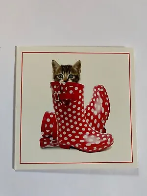 £2.99 • Buy Tabby Kitten Cat In Red & White Spotty Wellies 12 X 4  Square Blank Notecards