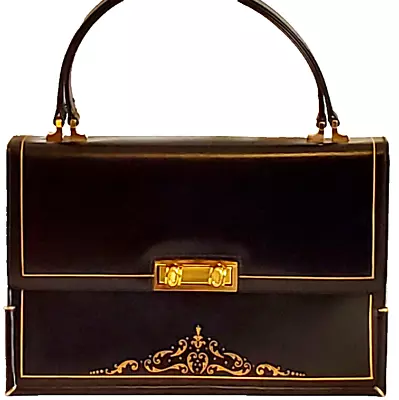 Black Leather Bag With Gold Leaf Trim By Misuri Kelly Bag Handmade In Florence • $325