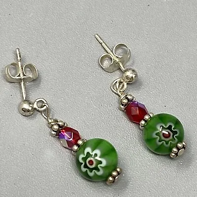 Millefiori Glass Bead Pierced Earrings Green Red Funky Christmas Flower Drop 1  • $11.99