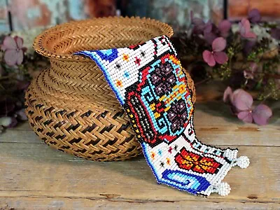Huichol Indian Bracelet Beaded Skull Day Of The Dead Handmade Mexican Folk Art • $35