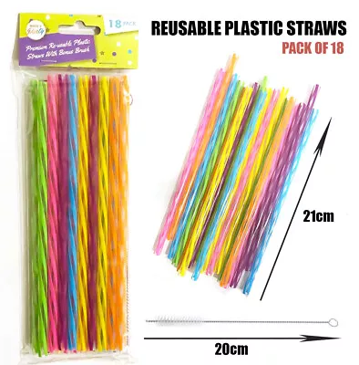 $4.95 • Buy 18pcs Reusable Plastic Straws Party Colourful Drinking Straw W/ Cleaning Brush 