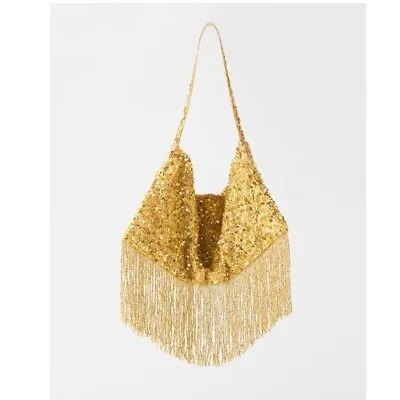 $55 • Buy NWT Zara Beaded Fringe & Gold Sequin Bling Bag Bloggers Fav Festive NightOut