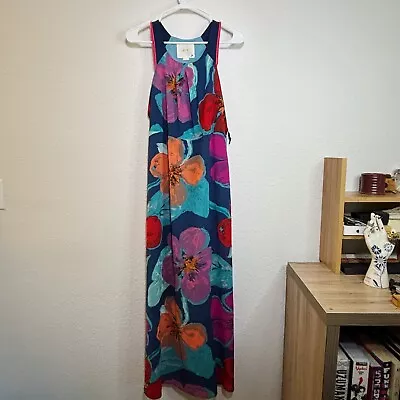 Anthropologie Maeve Women 4 Blue Multicolor Floral Chiffon Sleeveless Maxi Dress • $42