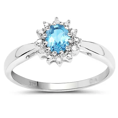 9ct White Gold Blue Topaz & Diamond Cluster Engagement Ring Size H - W • £139.99