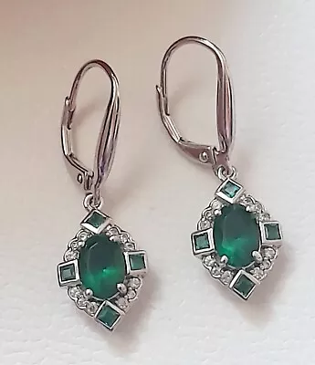 Sterling Silver Simulated Green Emerald Diamonique Drop Earrings QVC. • £24