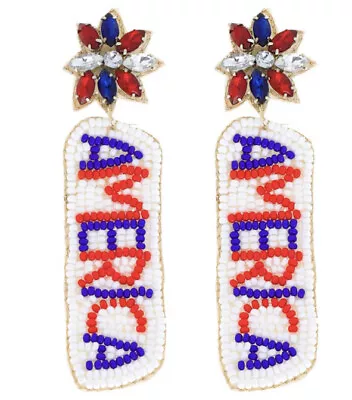 Patriotic 4th Of July Red White & Blue Block Letter America Seed Bead Earrings • $10