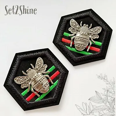 £4.85 • Buy Pair Of Big Sew On Metal Bee Embroidered Badges Black Faux Leather Patches