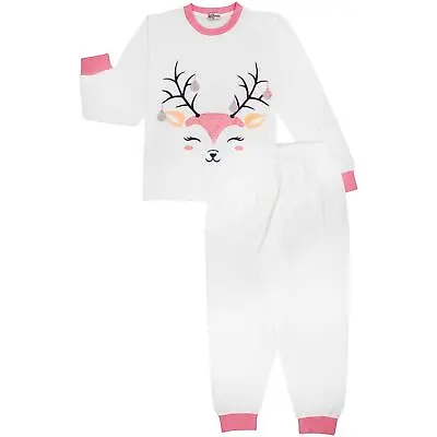 Kids Girls Christmas Pyjamas Reindeer Print White PJs 2 Piece Xmas Lounge Suit • £9.99