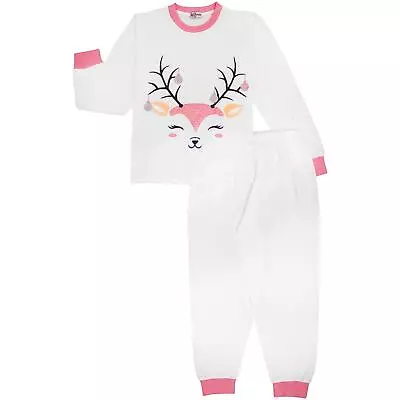 Kids Girls Christmas Pyjamas Reindeer Print White PJs 2 Piece Xmas Lounge Suit • £9.99