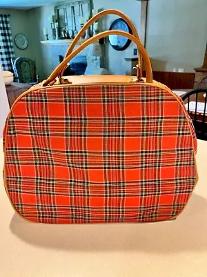 Vintage Atlantic Scotch Red Plaid 1960’s Luggage Duffle Bag Bowling Bag Carry On • $12.99