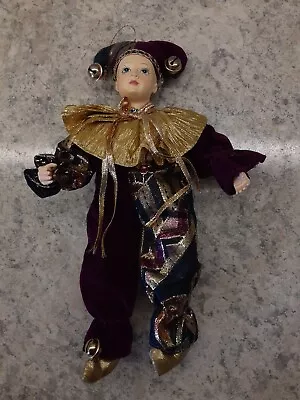 Jester Doll 10  Poseable Mardi Gras Burgundy Gold Hanger • $5.50