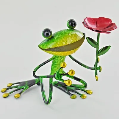 Green Metal Frog Sculpture With Rose Flower Fun Novelty Sculpture Gift 24106S • £12.95